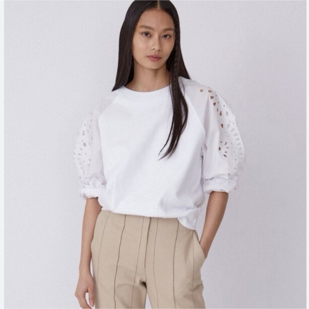 THAKOON Women's White Embroidered Balloon‎ Sleeve Sweatshirt Size Medium